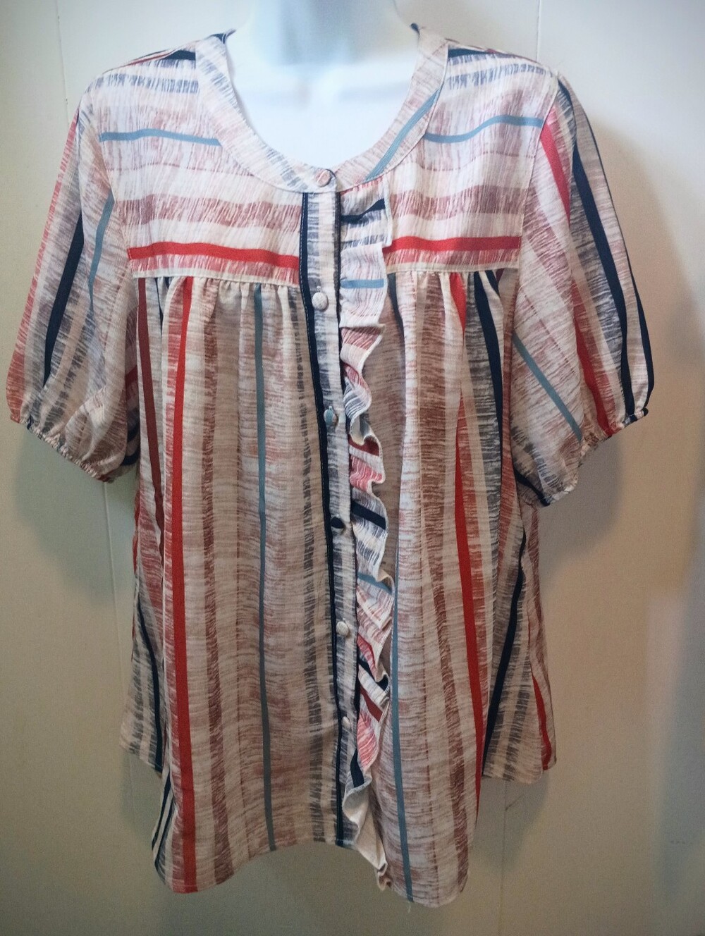Posh Boutique Striped Button Front Smock Style Top; Red, Navy Blue, Rust & Cream - Picture 6 of 13